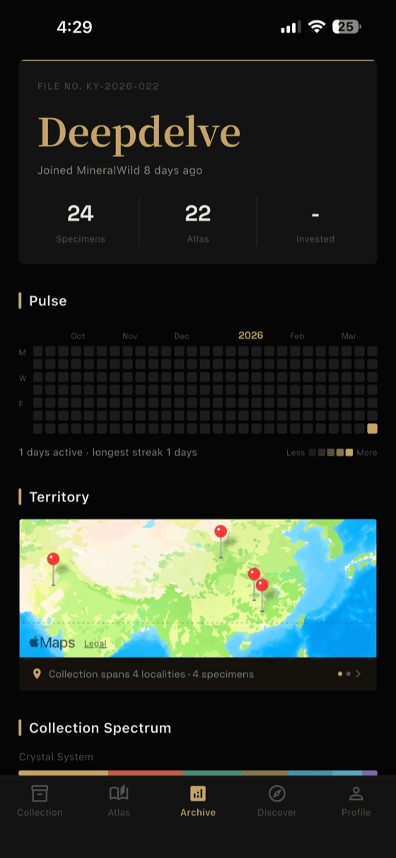 MineralWild Archive — Collecting journey visualization